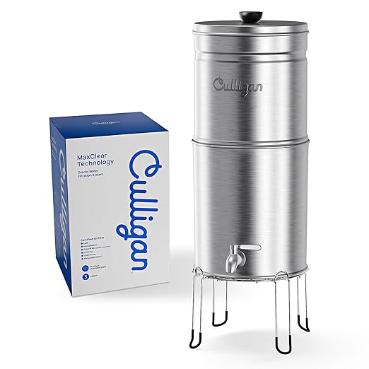 Culligan MaxClear 3 Gallon Gravity Water Filter System Removes Microplastics, PFAS & Lead, NSF/ANSI Certified, Brushed Stainless-Steel Countertop Filter with 1 Ceramic Filter