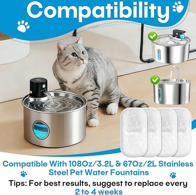 8+8 Packs Cat Water Filters Replacement for 108Oz/3.2L & 67Oz/2L Stainless Steel Pet Water Dispenser, Cat/Dog Indoor Water Dispenser Fountain for Most Pet Water Fountains 8 Filters & 8 Sponges