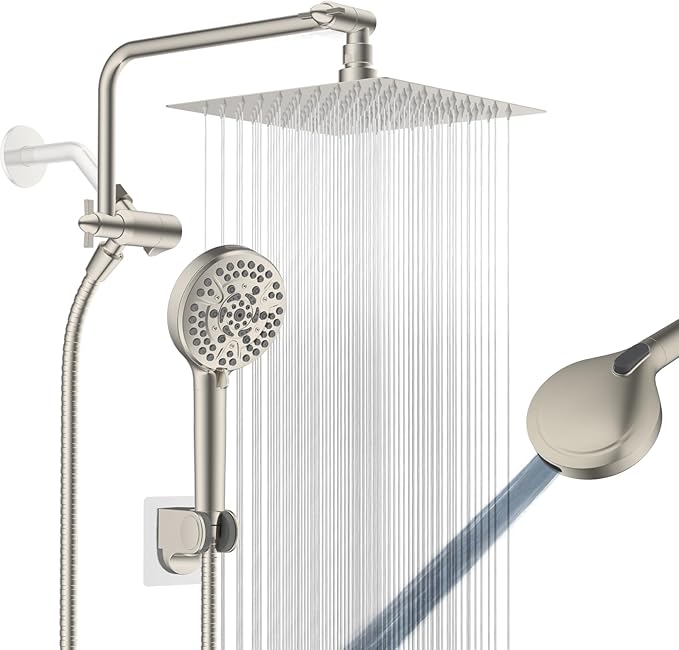 All Metal Shower Head, 8" High Pressure Rainfall/Handheld Shower Combo with 11" Extension Arm, 10-Spray Handheld Showerhead, 71" Long Hose, 3-Way Diverter Valve, Brushed Nickel