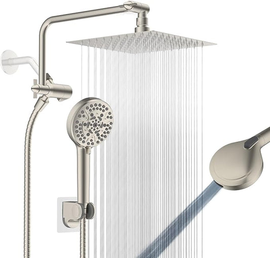 All Metal Shower Head, 8" High Pressure Rainfall/Handheld Shower Combo with 11" Extension Arm, 10-Spray Handheld Showerhead, 71" Long Hose, 3-Way Diverter Valve, Brushed Nickel