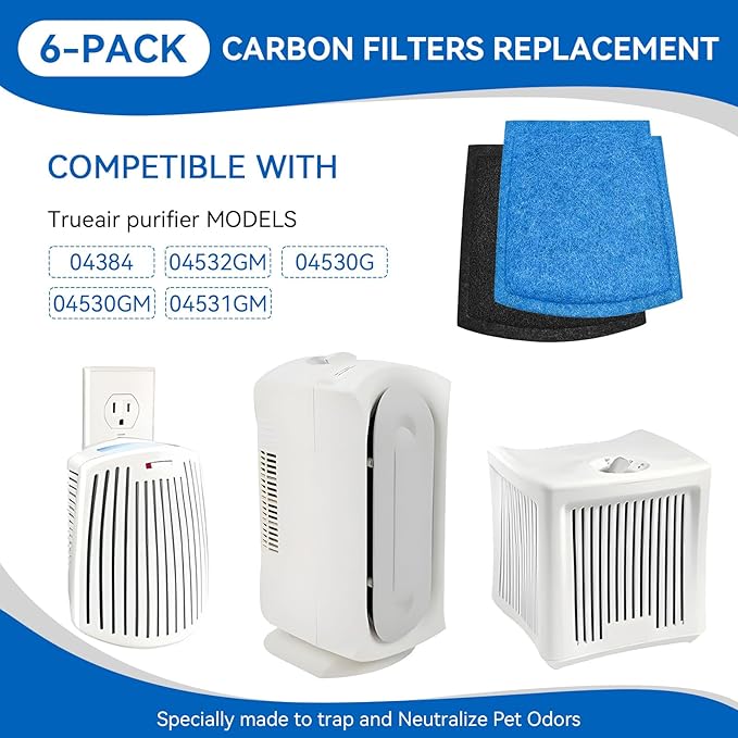 True Air Filters Replacement for Hamilton Beach True Air Purifier 04384,04532GM, 04530G, 04530GM & 04531GM, for Odor Eliminators, Neutralizes Pet Smells (04234G, 6-Pack)