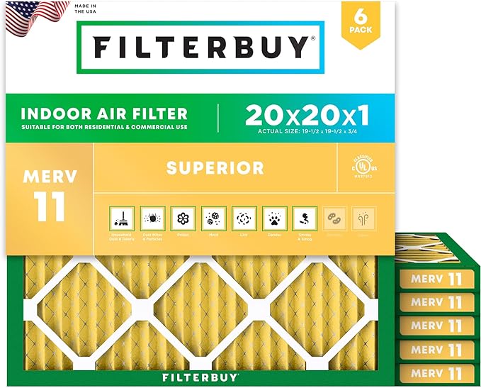 Filterbuy 20x20x1 Air Filter MERV 11 Superior Pet & Allergy Defense (6-Pack), Electrostatic Pleated HVAC AC Furnace Filters Replacement, Made in USA (Actual Size: 19.50 x 19.50 x 0.75)