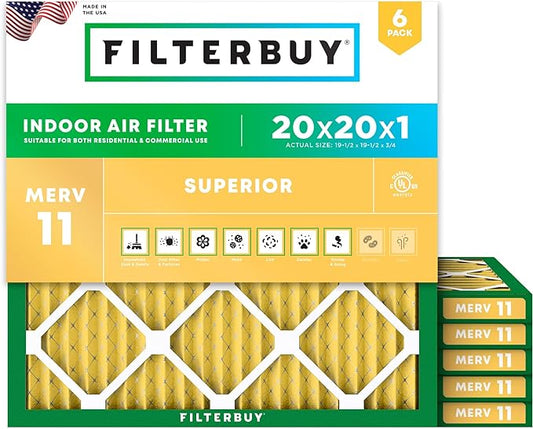 Filterbuy 20x20x1 Air Filter MERV 11 Superior Pet & Allergy Defense (6-Pack), Electrostatic Pleated HVAC AC Furnace Filters Replacement, Made in USA (Actual Size: 19.50 x 19.50 x 0.75)