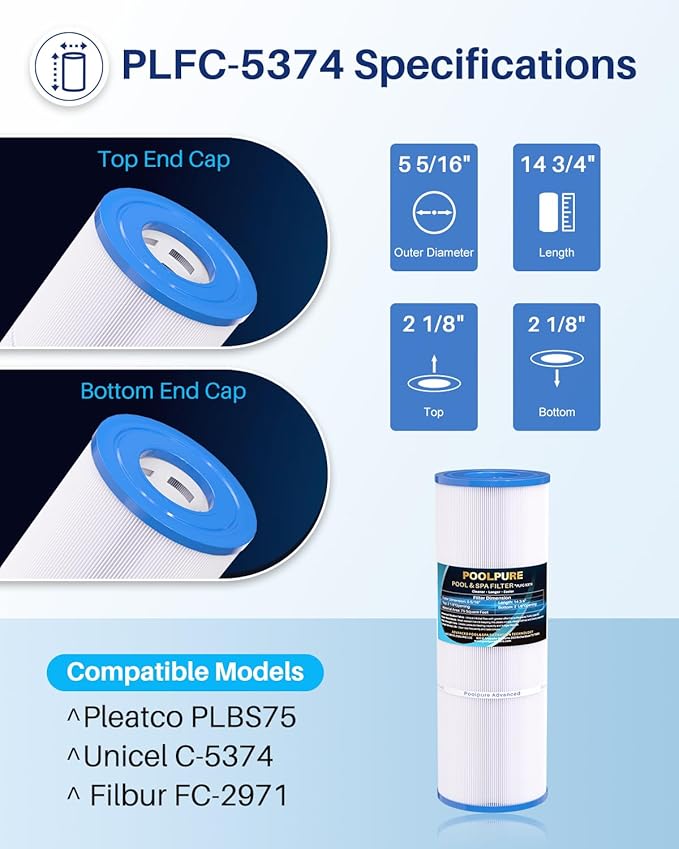 POOLPURE C-5374 Spa Filter Replaces Unicel C-5374, Pleatco PLBS75, Filbur FC-2971, 107092, R173600, 303433, 817-0015, Leisure Bay S2/GS Spa 75 sq.ft Hot Tub Filter Cartridge, 1pack (Pack of 2)