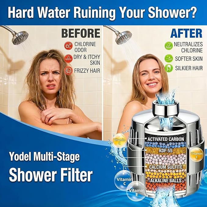 Yodel Shower Filter for Hard Water, Inline KDF-55 Shower Water Filter with Vitamin C, Helps Reduce Chlorine for Softer Hair and Skin, Filters Up to 8,000 Gallons, Polished Chrome