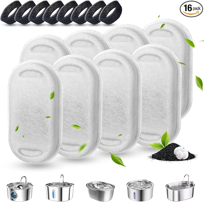 Cat Water Fountain Filters, 16 Pack Cat Fountain Filter Replacement for 67oz/2L & 108oz/3.2L Stainless Steel Pet Water Fountain, 8 Pack Pet Replacement Filters with 8 Sponges