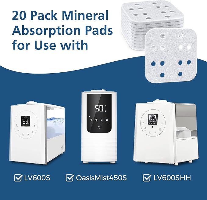 20-Pack Mineral Absorption Pad, Humidifier Replacement Filters Compatible with LEVOIT LV600S, LV600HH, OasisMist450S Humidifier, Works for Fine Particles in Water Tank, White