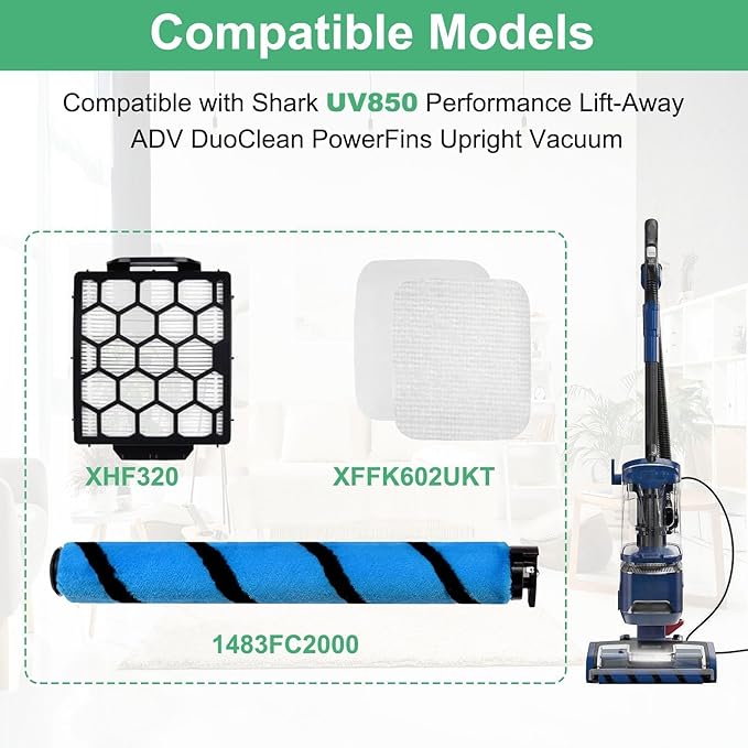 Alrens UV850 Filter and Replacement Parts for Shark UV850 Performance Lift-Away ADV DuoClean PowerFins Upright Vacuum, Includes 1 Brush Roller, 2 Filters, 6 Foam & Felt Filters