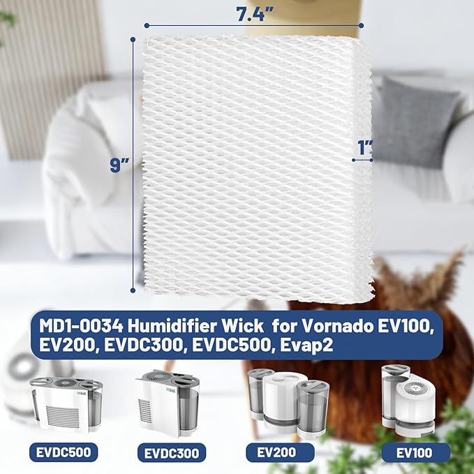 4 Pack MD1-0034 Humidifier Wick Replacement Filter Compatible with Vornado EV100, EV200, EVDC300, EVDC500, Evap2, Evaporative Humidifiers, 1 inch Thick