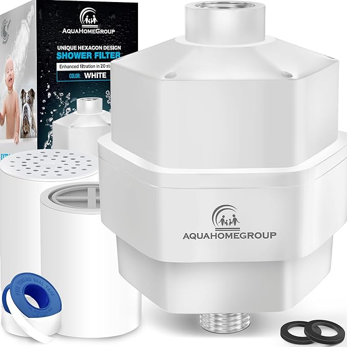 AquaHomeGroup 20 Stage Shower Filter - Reduces Chlorine, Heavy Metals and Sediment - Vitamin C and E - High Output - Universal Fit - White