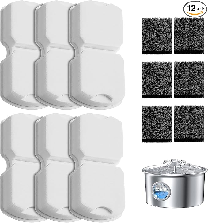 IHOUONE Official Cat Fountain Filter: 12 Cat Water Fountain Filter Replacement - 6 Carbon Filters & 6 Foam Filters - Suitable for IHOUONE Stainless Steel pet Fountains