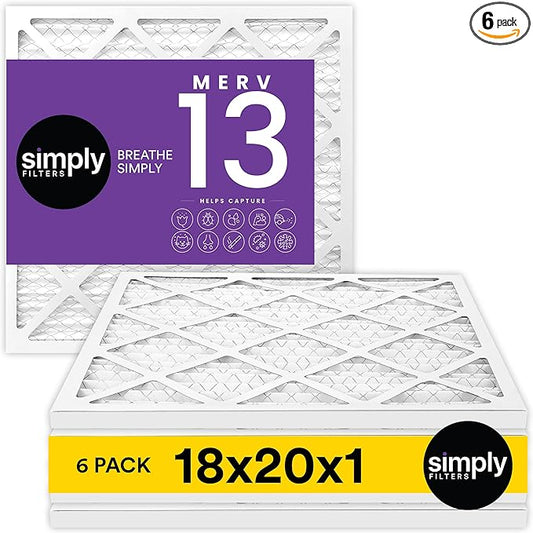 Simply 18x20x1 Air Filter, Merv 13, 6 Pack, For Home AC Furnace & HVAC (Actual Size: 17.75"x19.75"x0.75") DUST, Pet, & Allergy Control