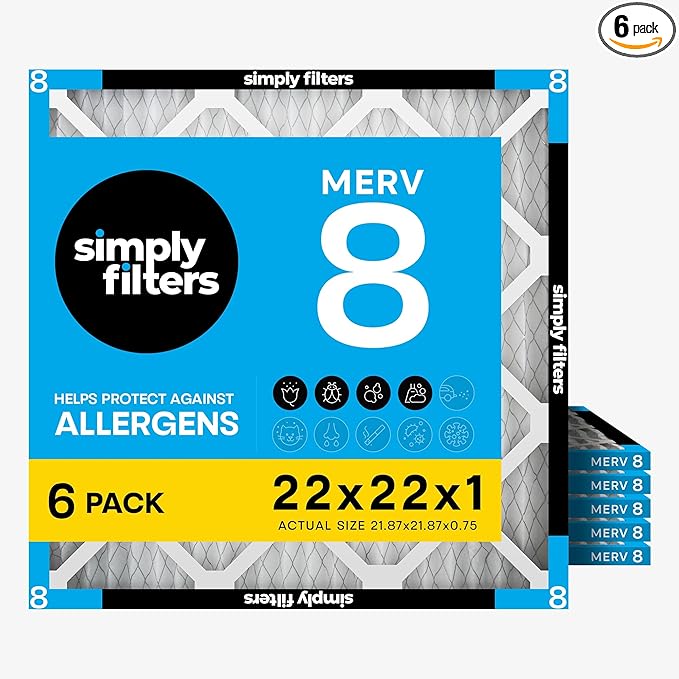 Simply 22x22x1 Air Filter, Merv 8, 6 Pack, Furnace Air Filter for HVAC (Actual Size: 21.75"x21.75"x0.75") DUST, Pet, & Allergy Control