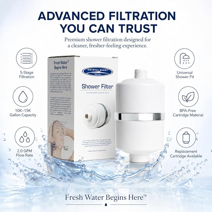 Crystal Quest Shower Filter, Shower Head Filter for Hard Water, Shower Water Filter Removes Chlorine, chloramines & VOCs, Filter Shower Head, Improves Skin & Hair, Long-Lasting - ISO Certified, White