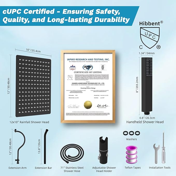 Hibbent cUPC Certified High Pressure 12'' Rainfall Shower Head, Showerhead Combo with 4-mode Handheld Spray, 12'' Adjustable Extension Arm, Extension Bar, Easy Reach Holder, 71'' Hose, Matte Black