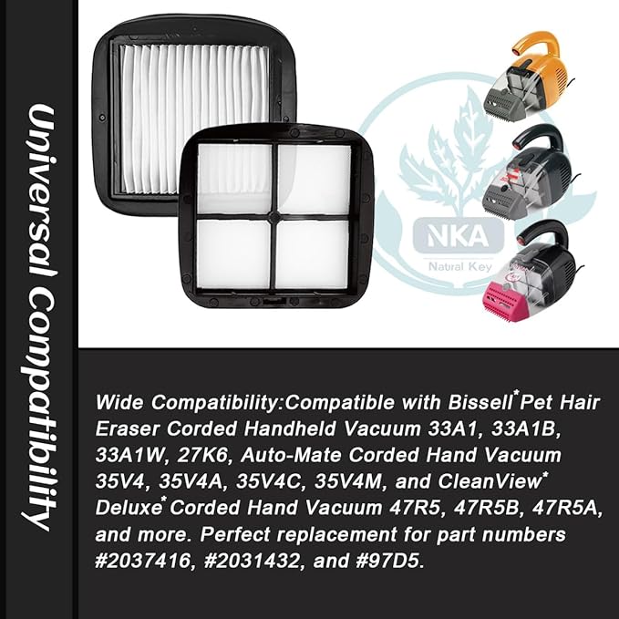 NKA 97D5 vacuum filter for bissell pet hair eraser vacuum filter Corded Handheld Vacuum 33A1, 35V4, 47R5 Series, Replace Part #2037416, 2031432 for bissell vac filter(4 Pack)