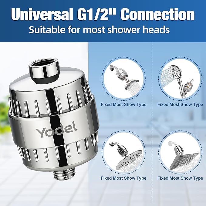 Yodel Shower Filter for Hard Water, Inline KDF-55 Shower Water Filter with Vitamin C, Helps Reduce Chlorine for Softer Hair and Skin, Filters Up to 8,000 Gallons, Polished Chrome