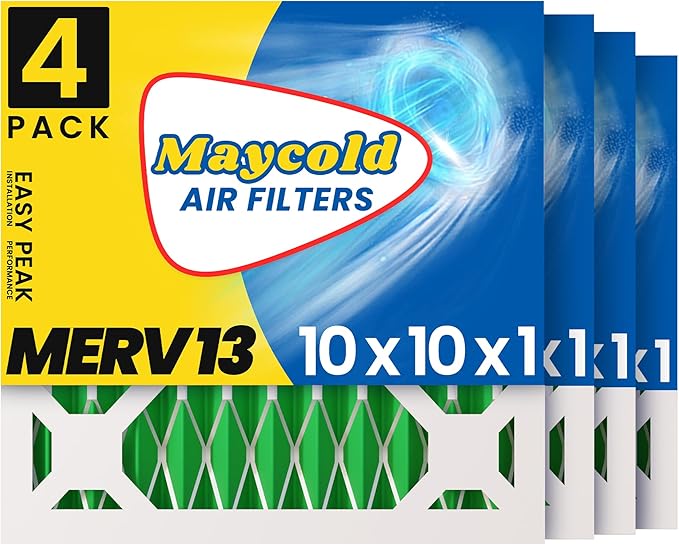Maycold MERV 13 10x10x1 Air Filter (4-Pack), High-Efficiency Pleated AC & Furnace Filters, Actual Size: 9.70” x 9.70” x 0.75”, Individually Wrapped in Plastic