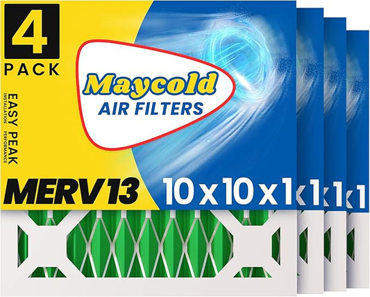 Maycold MERV 13 10x10x1 Air Filter (4-Pack), High-Efficiency Pleated AC & Furnace Filters, Actual Size: 9.70” x 9.70” x 0.75”, Individually Wrapped in Plastic