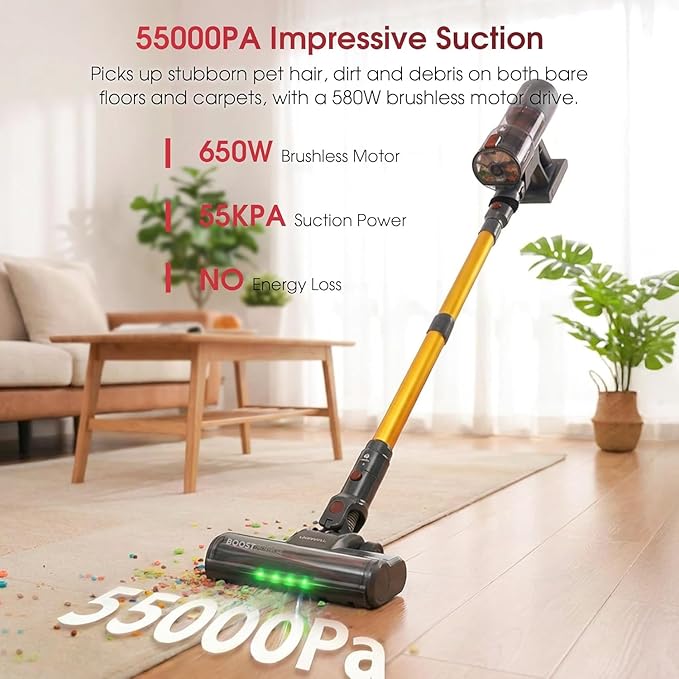 Cordless Vacuum Cleaner, 650W 55KPA 70Mins Stick Vacuum Cleaners for Home, Anti-Tangle Vacuum Cordless with Touch Screen and 1.8L Cup, Self-Standing Vacuum Cleaner for Home/Pet Hair/Carpets/Floors