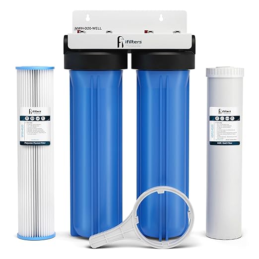 iFilters MWH-D20-WELL Dual-Stage 4.5" x 20" Whole House Well Water Filter System – Sediment & GAC/KDF Filtration, Reduces Iron, Sulfur, Chlorine, Odor – 1" High Flow Ports
