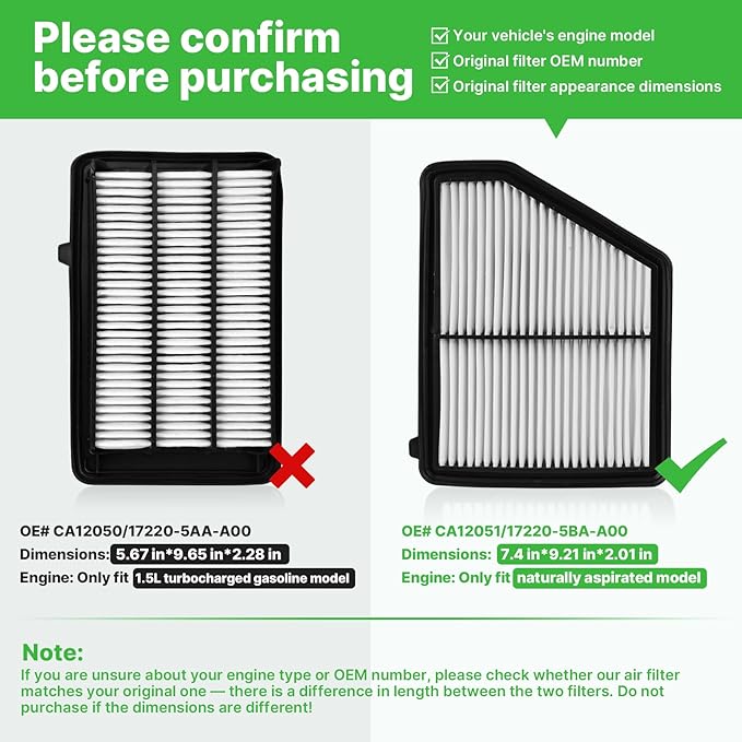 Engine+Cabin Air Filters Set Fit for Honda Civic 2016-2026 (2.0L), HR-V HRV 2023-2026 (2.0L) (Only Naturally Aspirated, Not for Type-R!) AC Filter Replacement CF11182 CA12051