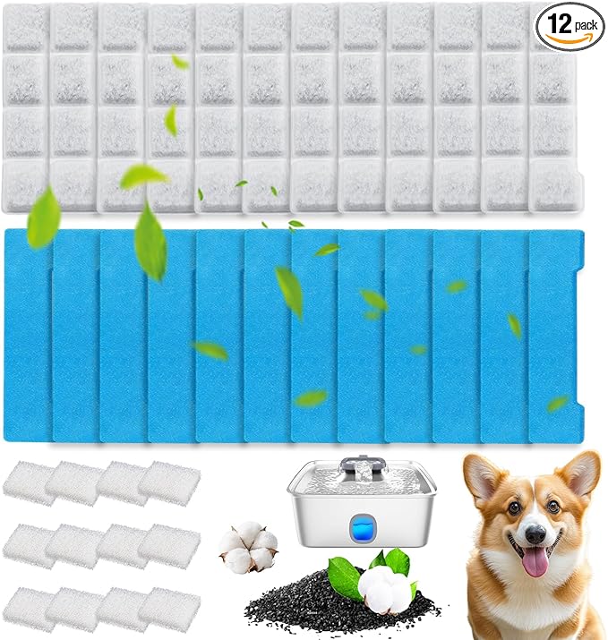 24-Pack Dog Water Fountain Filter Replacement Compatible with SIBAYS/Kastty 15L/4Gal Pet Dispensers, Activated Carbon Multilayer Filtration, Includes 12 Filters + 12 Pre-Filter + 12 Pump Sponges (L05)