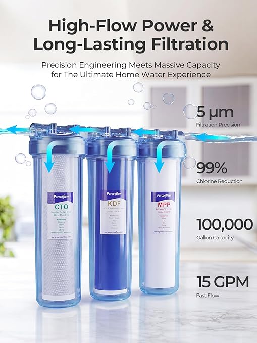 3-Stage Whole House Water Filter System, Heavy Metal Reduction, 20x4.5 Inch, Includes PP, KDF & CTO Carbon Block, 1" NPT Brass Ports, Drain Valves & Install Kit