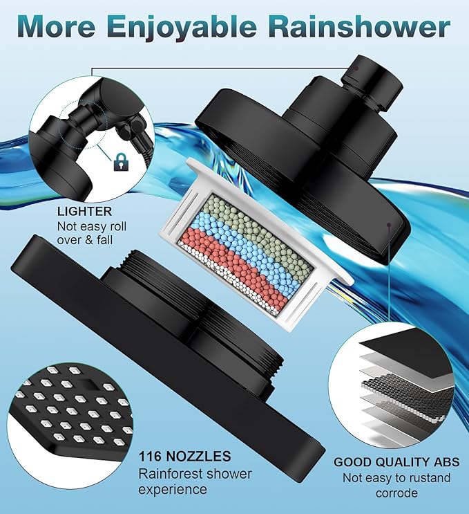 Dual Filtered Rain Shower Head Combo, High Pressure 10 Modes Handheld Shower Head Built in Water Filtration, 6 inch Rainfall Shower Head with Filter for Hard Water, Black