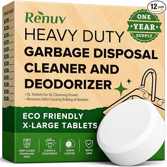 Renuv® Garbage Disposal Cleaner and Deodorizer Tablets Drain Freshener, Foaming Citrus Scent, Sink Odor Refresher for Kitchen Garbage Disposer Cleaning (12 XL Tablets - One Year Supply)