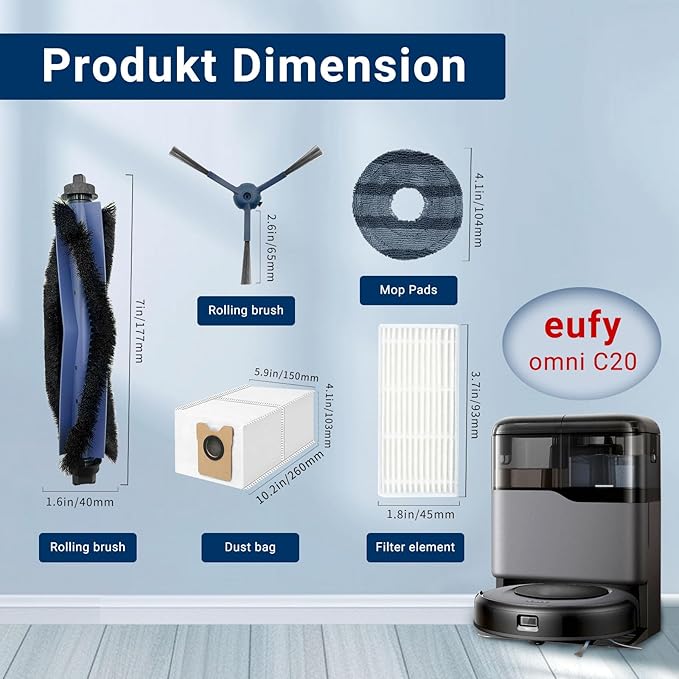 33-Pack Big Accessories Kit for Eufy Omni C20, Replacement Parts Include 2 Main Brush, 8 Side Brushes, 8 Dust Bags, 8 Mop Pads, 8 Washable Filters, 1 Cleaning Tool