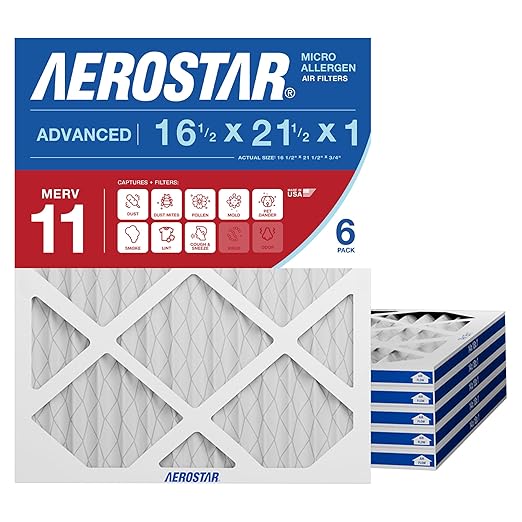 Aerostar 16.5x21.5x1 MERV 11 - 6 Count - Pleated HVAC, Furnace & Air Conditioner Filters - Removes Dust, Cold & Flu Germs, Lint, Mold, Pet Dander, Allergy-Causing Pollen, Smog & Smoke