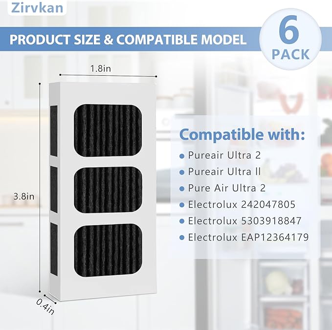6 PACK Refrigerator Air Filter Replacement, Carbon Activated Filter for Paultra2, Compatible with Frigidaire Pure Air Ultra 2, and EAP12364179, 242047809, 242047805, 5303918847