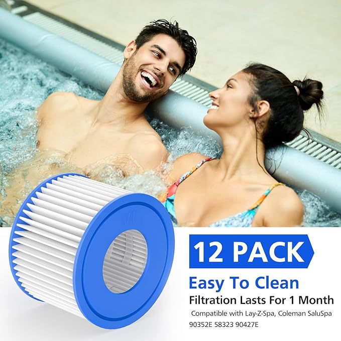 12 Pack Type VI Hot Tub Filter Cartridge Compatible with Lay-Z-Spa, Coleman SaluSpa 90352E 58323 90427E