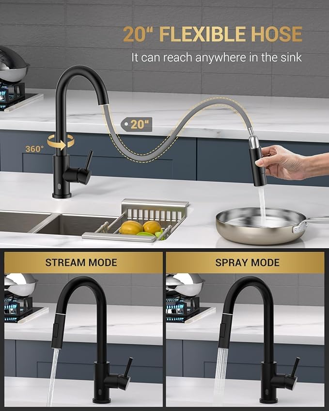 APPASO Black Kitchen Faucet Touchless, CUPC-Certified Hoses, Lead-Free Smart Motion Sensor Sink Faucets with Soap Dispenser and Pull Down Sprayer 2 Modes, High Arc S304 Stainless Steel