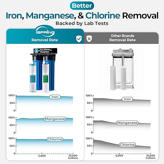 iSpring Iron, Mangaese Whole House Water Filter System Also Eliminates Chlorine, Taste, and Odor, 2-Stage Commercial-Grade 20" x 4.5" Industry Standard-Sized Filters, 1" Inlet/Outlet, Model: WGB22BM