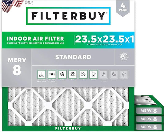Filterbuy 23.5x23.5x1 Air Filter MERV 8 Essential Dust & Allergy Defense (4-Pack), Electrostatic Pleated HVAC AC Furnace Filters Replacement, Made in USA (Actual Size: 23.38 x 23.38 x 0.75)