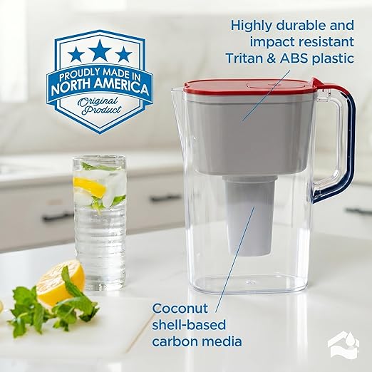 Limited Edition HOMEWATER 10-Cup Pitcher Filter (Red, White and Blue America Pitcher) – BPA-Free, High-Capacity 2.4L Fast-Flow Carbon Filter, Easy Pour, Locking Lid, Dishwasher-Safe