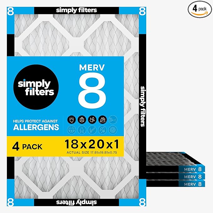 Simply 18x20x1 Air Filter, Merv 8, 4 Pack, For Home AC Furnace & HVAC (Actual Size: 17.81"x19.81"x0.75") DUST, Pet & Allergy Control,