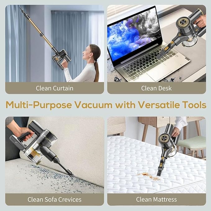 MBTTODF Cordless Vacuum Cleaner for Home & Pet Hair – Lightweight Stick Vacuum with 40-Min Runtime, Anti-Tangle Brush & LED Headlight, for Hardwood, Carpet & Tile(Yellow)