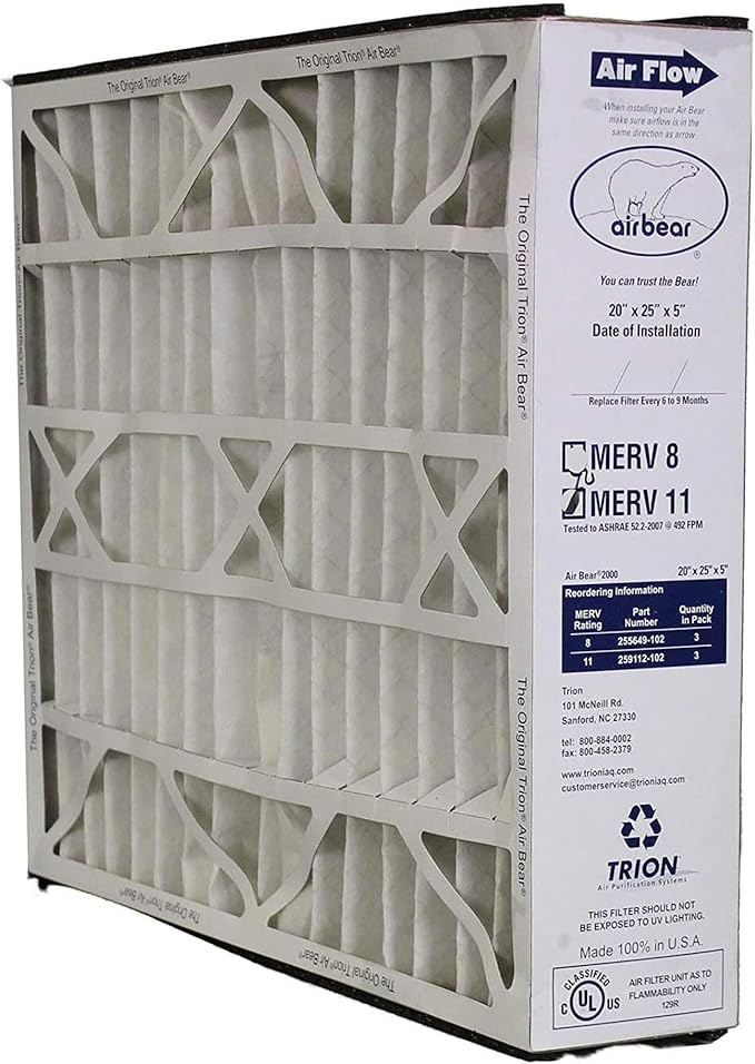 Trion 3 Pack Pleated Air Filter, Air Bear MERV 11 for HVAC/Furnace, 20x25x5 in.