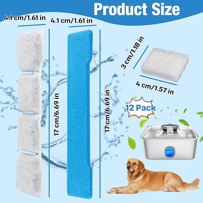 24-Pack Dog Water Fountain Filter Replacement Compatible with SIBAYS/Kastty 15L/4Gal Pet Dispensers, Activated Carbon Multilayer Filtration, Includes 12 Filters + 12 Pre-Filter + 12 Pump Sponges (L05)