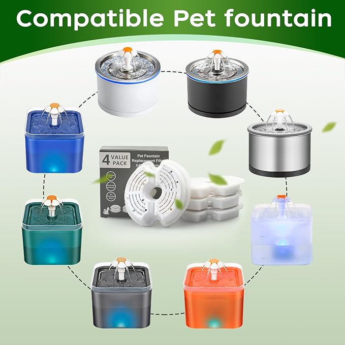 Cat Fountain Filter - Multiple Filtration Replacement Filter, 8 or 12 Packs of Cotton Activated Carbon Cat Fountain Filters