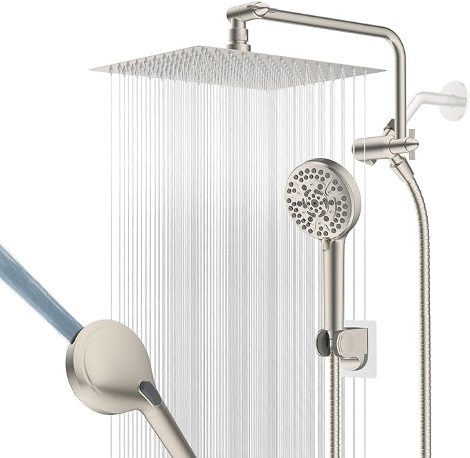 12" All Metal Shower Head, High Pressure 10-Spray Handheld Showerhead Rainfall Shower Head Combo with 11" Adjustable Shower Extension Arm, 71" Hose, Shower Head Holder, Brushed Nickel