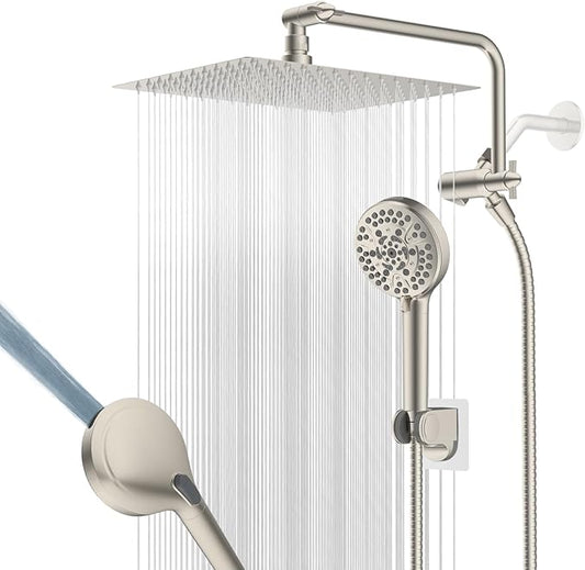 12" All Metal Shower Head, High Pressure 10-Spray Handheld Showerhead Rainfall Shower Head Combo with 11" Adjustable Shower Extension Arm, 71" Hose, Shower Head Holder, Brushed Nickel