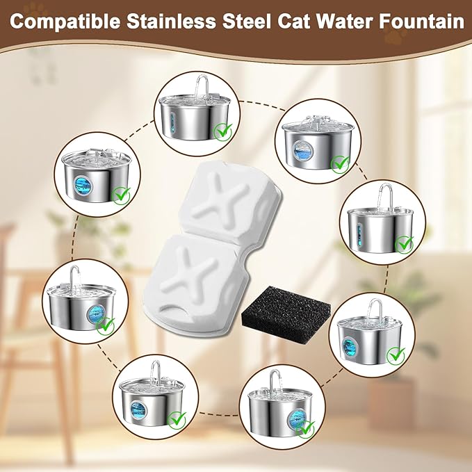 Cat Water Fountain Filter Replacement Kit - 12 Cat Fountain Filters, 12 Sponges & 2 Brushes, Compatible with Stainless Steel Pet Fountains