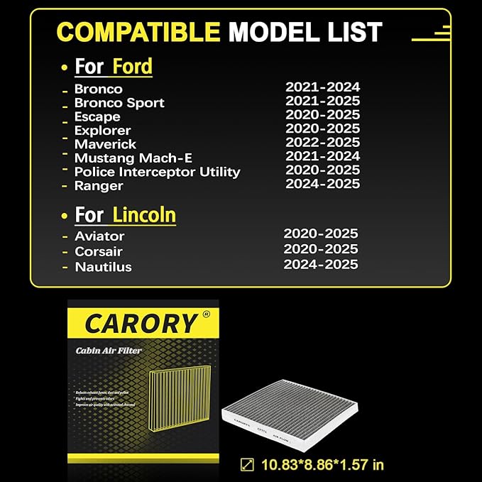 CARORY Cabin Air Filter w/Activated Carbon for Ford Bronco Sport 2021–2024, Escape 2020–2025, Explorer 2020–2025, Mustang Mach-E 2021–2024, Lincoln Aviator 2020–2025, Corsair 2020–2025, and More