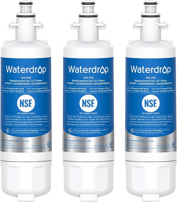 Waterdrop ADQ36006101 Replacement for LG® LT700P® Refrigerator Water Filter, Kenmore® 9690, 469690, ADQ36006102, LFXS30766S, LFXS24623S, FML-3, RFC1200A, RWF1200A, WSL-3, 3 Filters