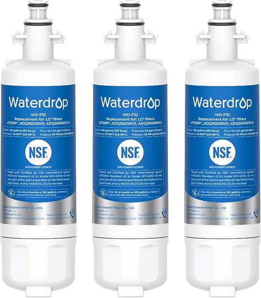 Waterdrop ADQ36006101 Replacement for LG® LT700P® Refrigerator Water Filter, Kenmore® 9690, 469690, ADQ36006102, LFXS30766S, LFXS24623S, FML-3, RFC1200A, RWF1200A, WSL-3, 3 Filters