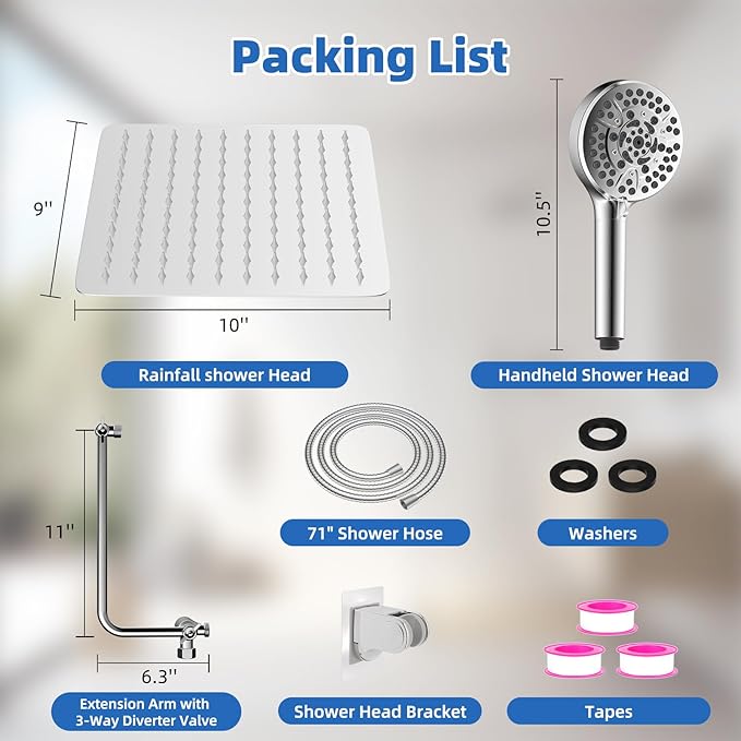 All Metal Shower Head, 10" High Pressure Rainfall/Handheld Shower Combo with 11" Extension Arm, 10-Spray Handheld Showerhead, 71" Long Hose, 3-Way Diverter Valve, Chrome